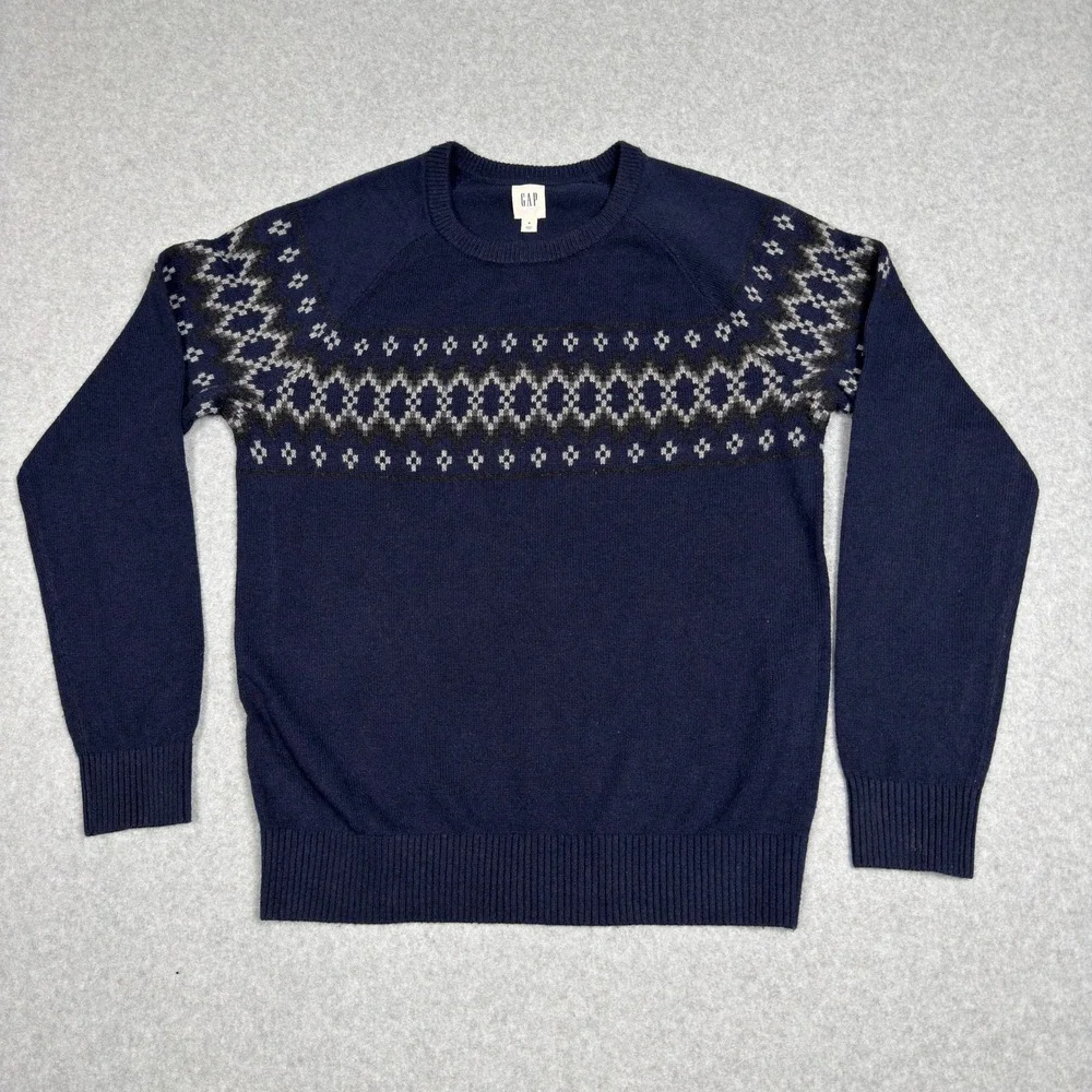 GAP Men Fair Isle Crewneck Sweater Navy Blue Merino Wool Blend Size M Preppy
